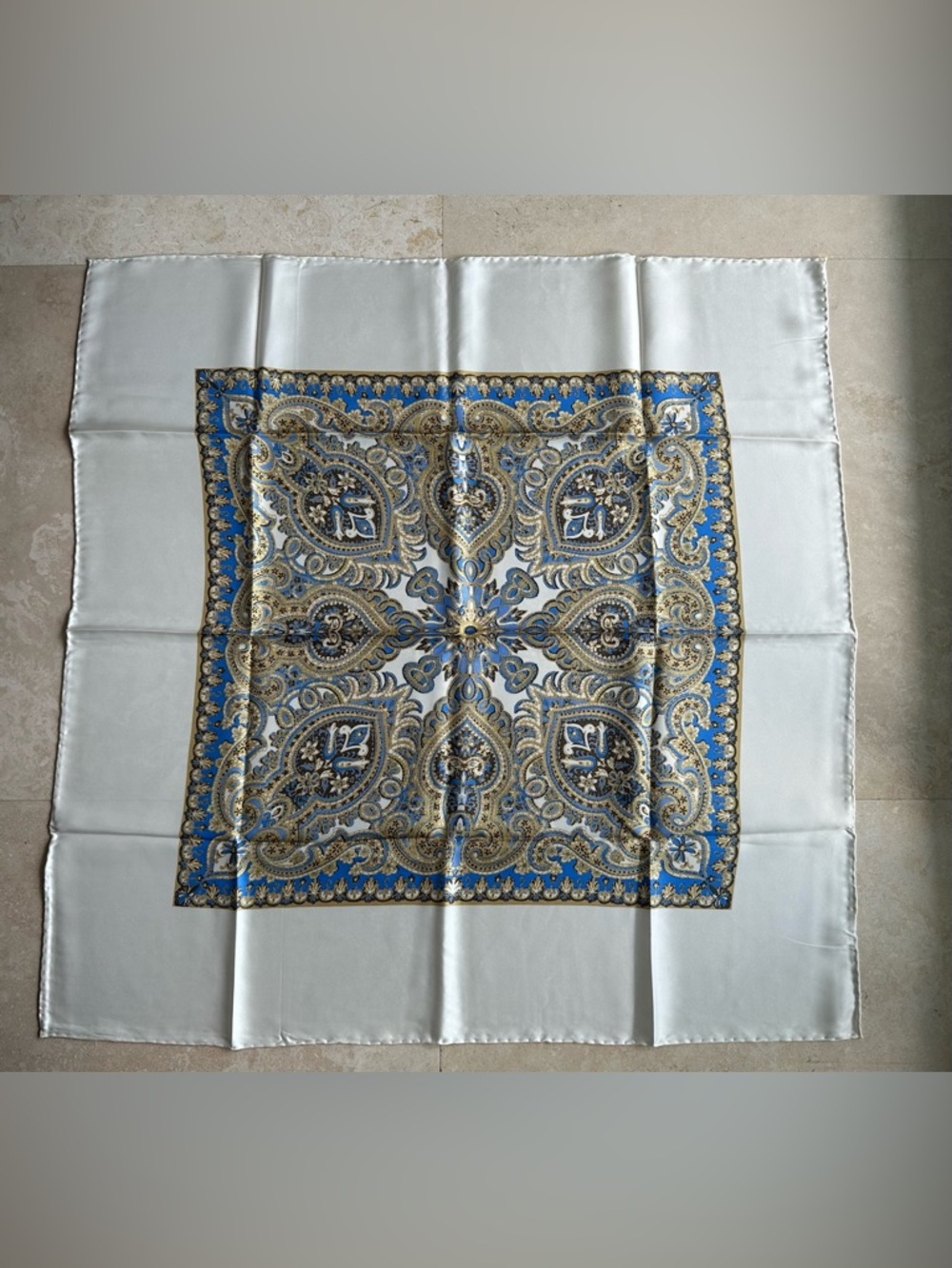 Vintage 1980’s/1990’s 100% Silk Paisley Square Scarf in Blue and Gold